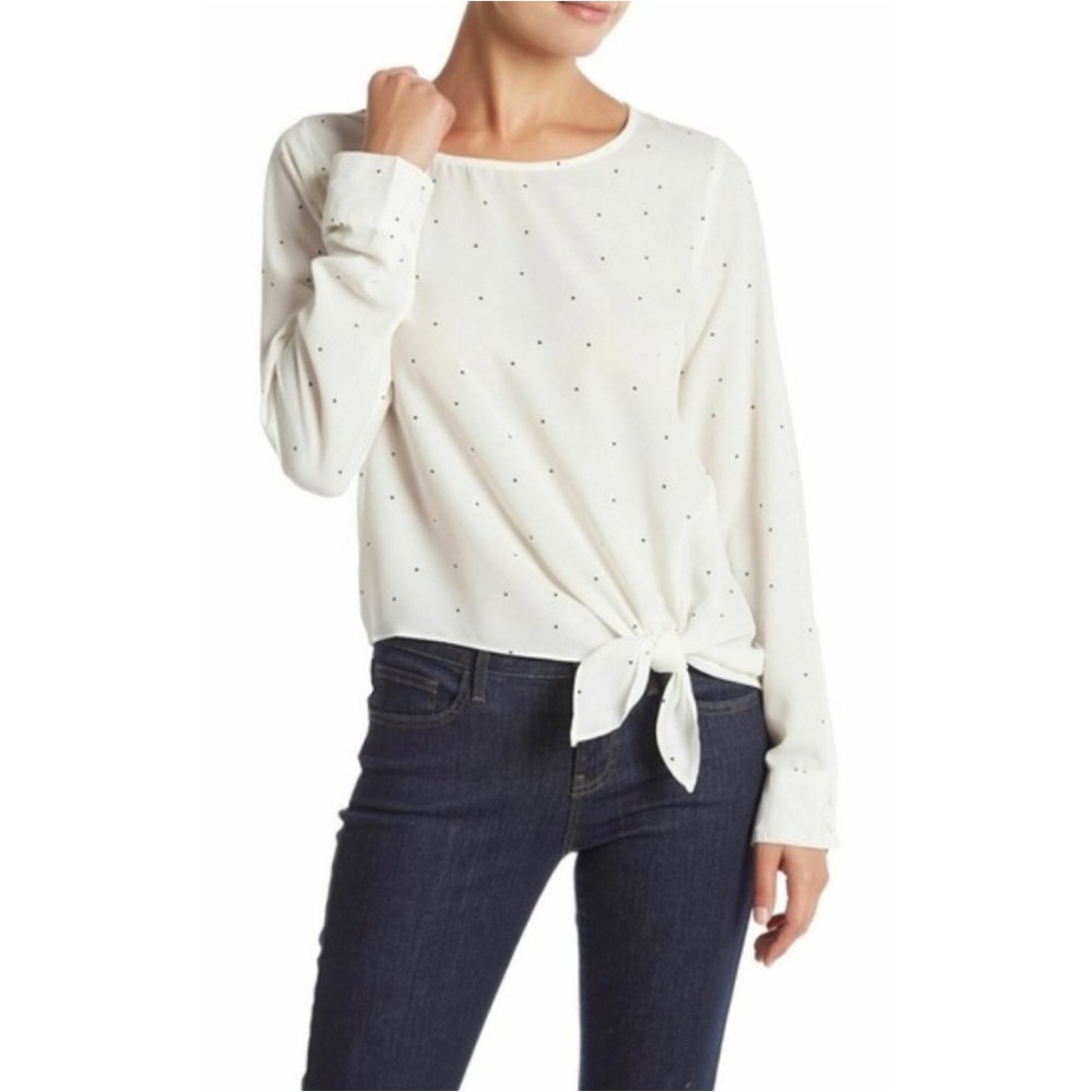 Socialite Ivory Polka Dot Tie-Front Long Sleeve Top